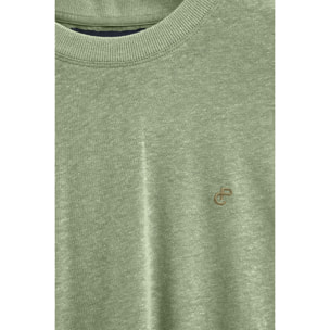 Maglietta verde giada in lino e cotone a girocollo e con monogramma ricamato