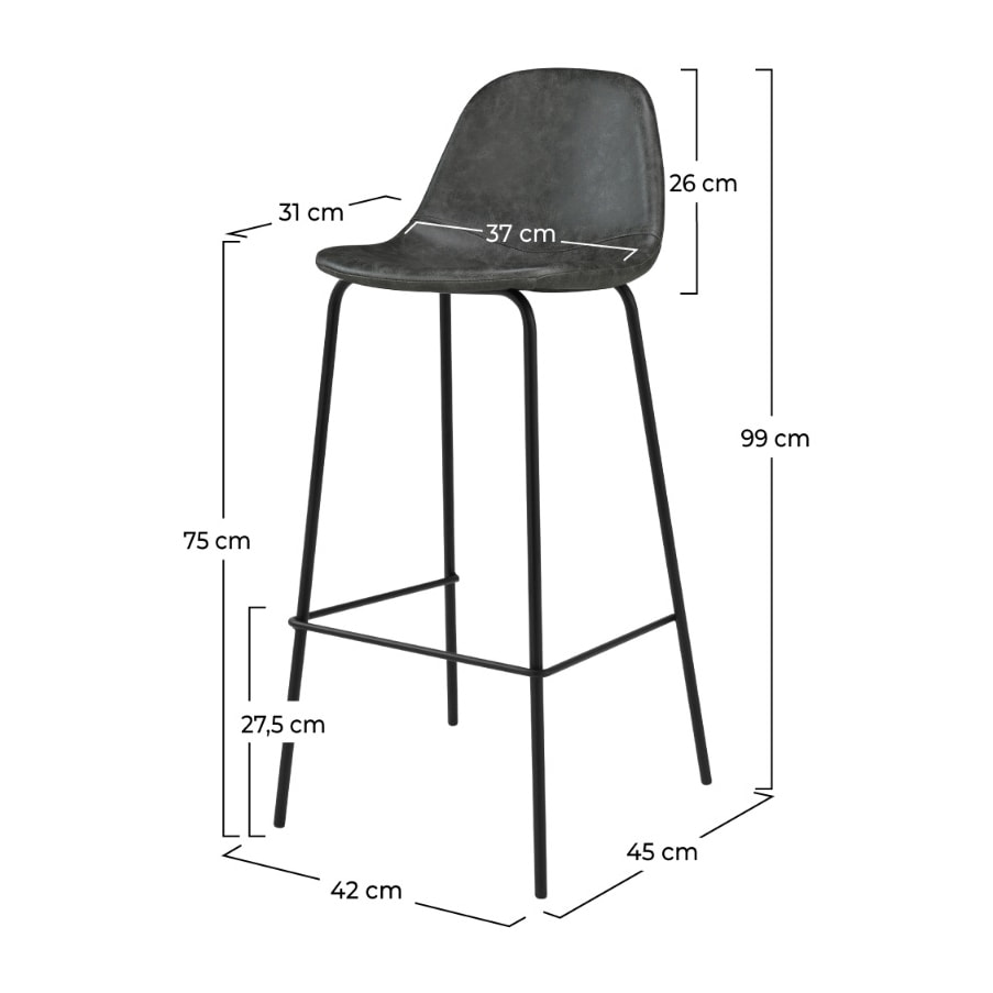 Lot de 2 chaises de bar 75 cm en cuir synthétique gris/noir - Henrik