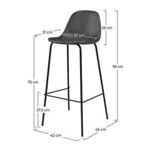 Lot de 2 chaises de bar 75 cm en cuir synthétique gris/noir - Henrik