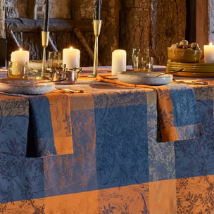 Serviette pur coton 220 g/m² motif jacquard bleu brun Mille branchages crepuscule