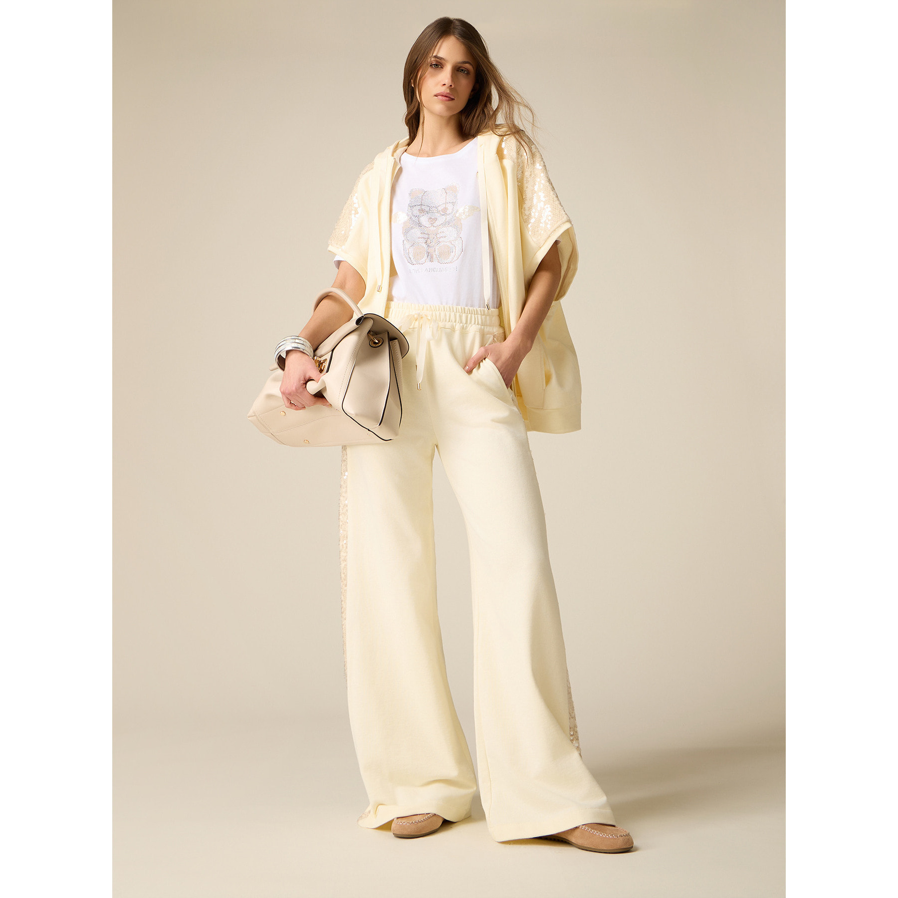 Oltre - Pantaloni palazzo in felpa con paillettes - Bianco