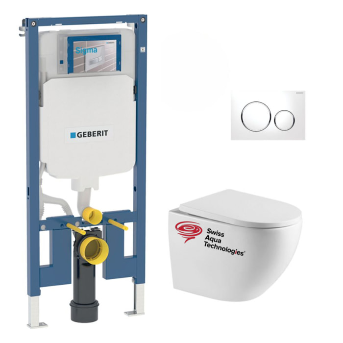 Pack WC sans bride Tornado Quiet Fusion, fixations invisibles + Abattant softclose + Bâti Geberit Extra-plat UP720 + Plaque