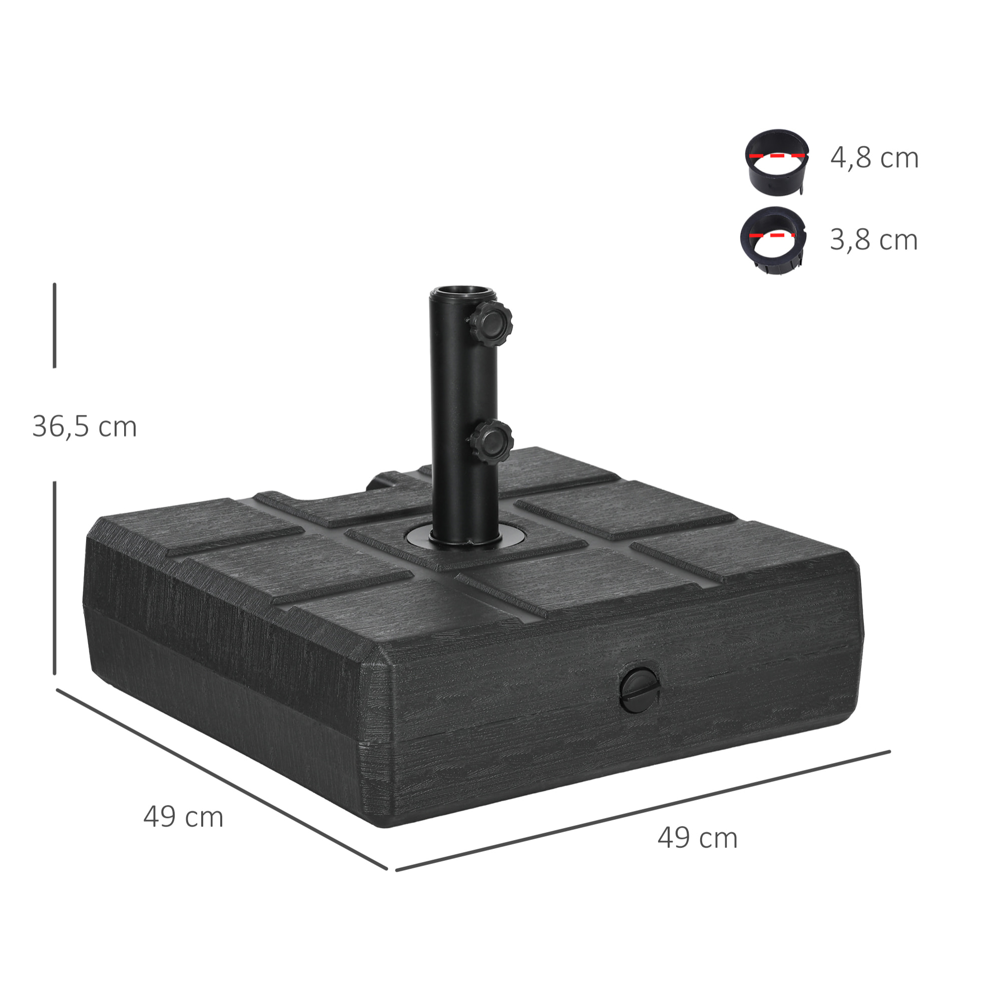 Base de Sombrilla Rectangular Soporte para Parasol Rellenable de Agua 30 kg y Arena 40 kg para Poste de Paraguas de Ø38/48 mm para Terraza Patio Jardín 49x49x36,5 cm Negro