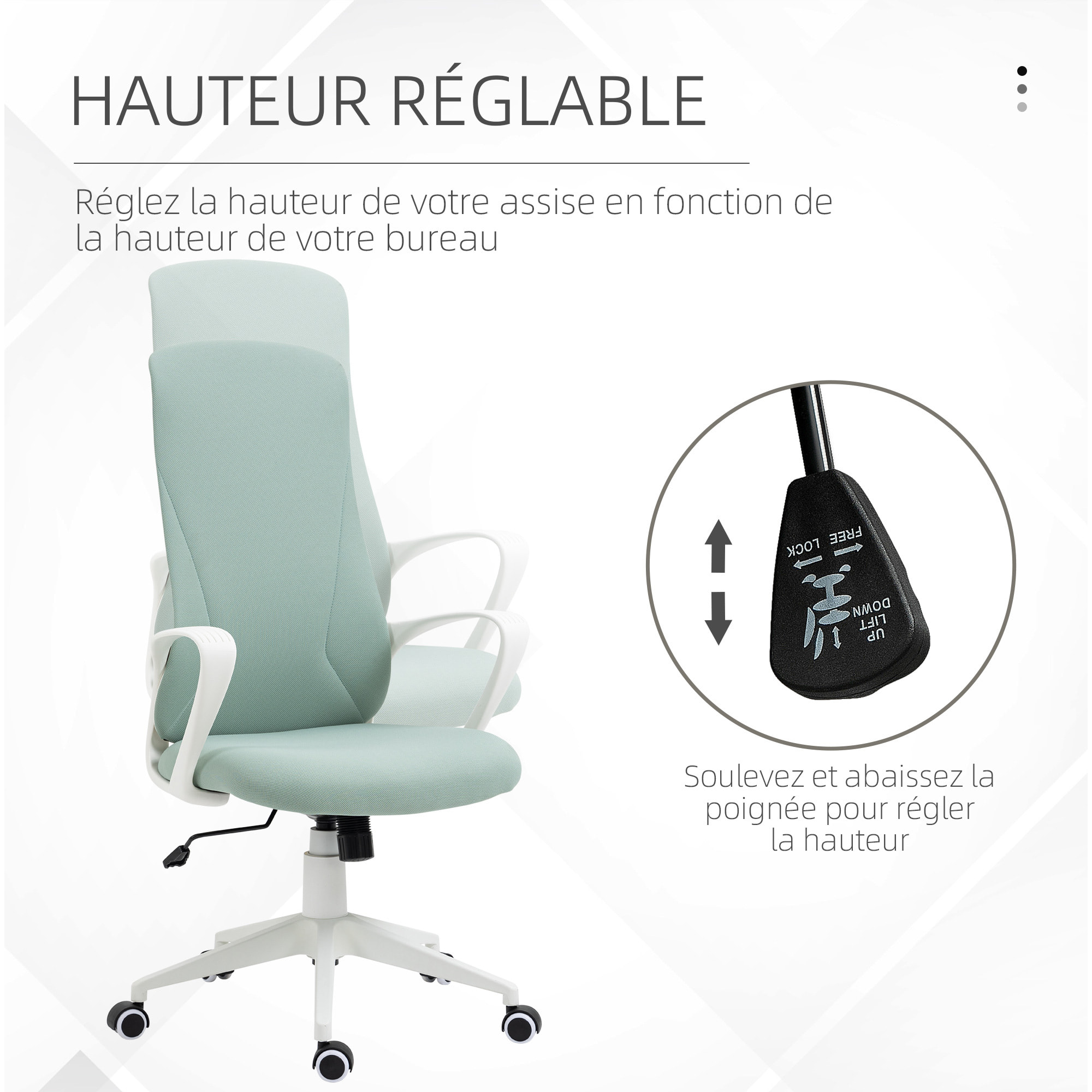 Fauteuil de Bureau ergonomique avec accoudoirs et roulettes pivotant - Fonction Inclinaison et Hauteur réglable dim. 62L x 56l x 119,5H cm - Vert
