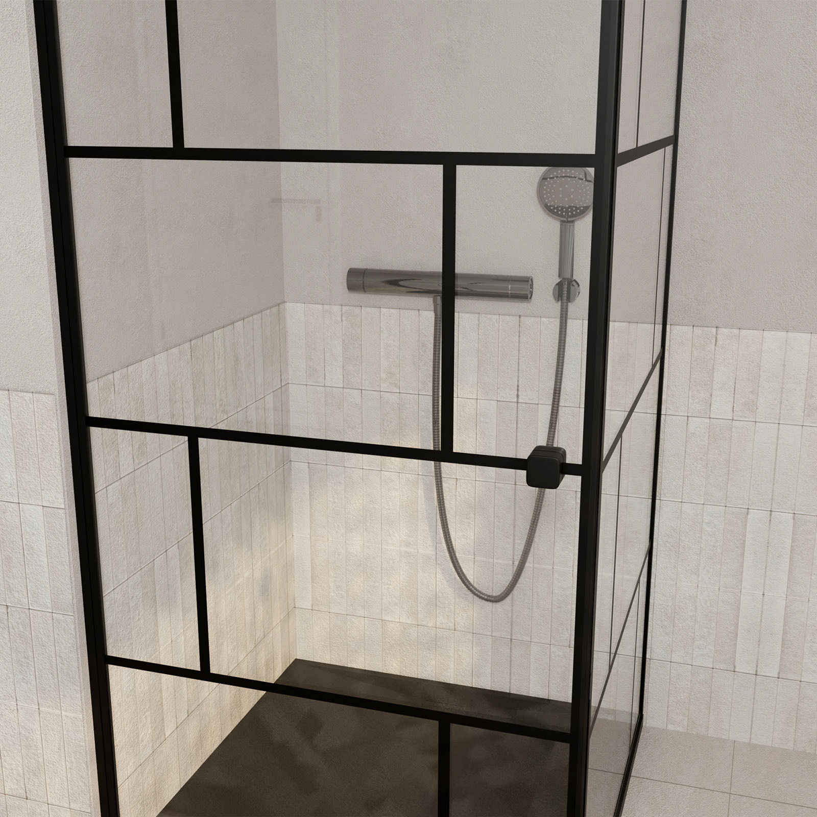 Porte de douche Pivotante 80x180cm et Retour 80 cm - Sérigraphie Noire Motif Brique - Verre 5mm