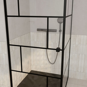 Porte de douche Pivotante 80x180cm et Retour 80 cm - Sérigraphie Noire Motif Brique - Verre 5mm