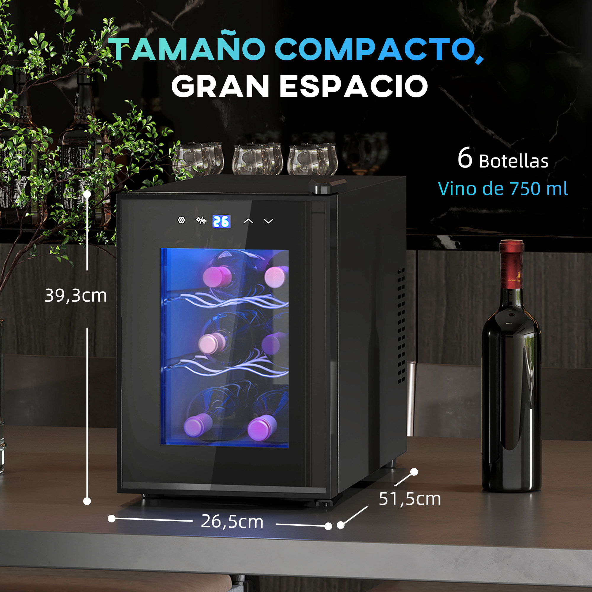 Nevera Vinos 6 Botellas 17L Vinoteca Silenciosa con Luz LED Interior Pantalla LED Táctil Temperatura Regulable 8-18 ℃ Puerta de Vidrio Templado Anti-UV y 2 Estantes Ajustables Negro