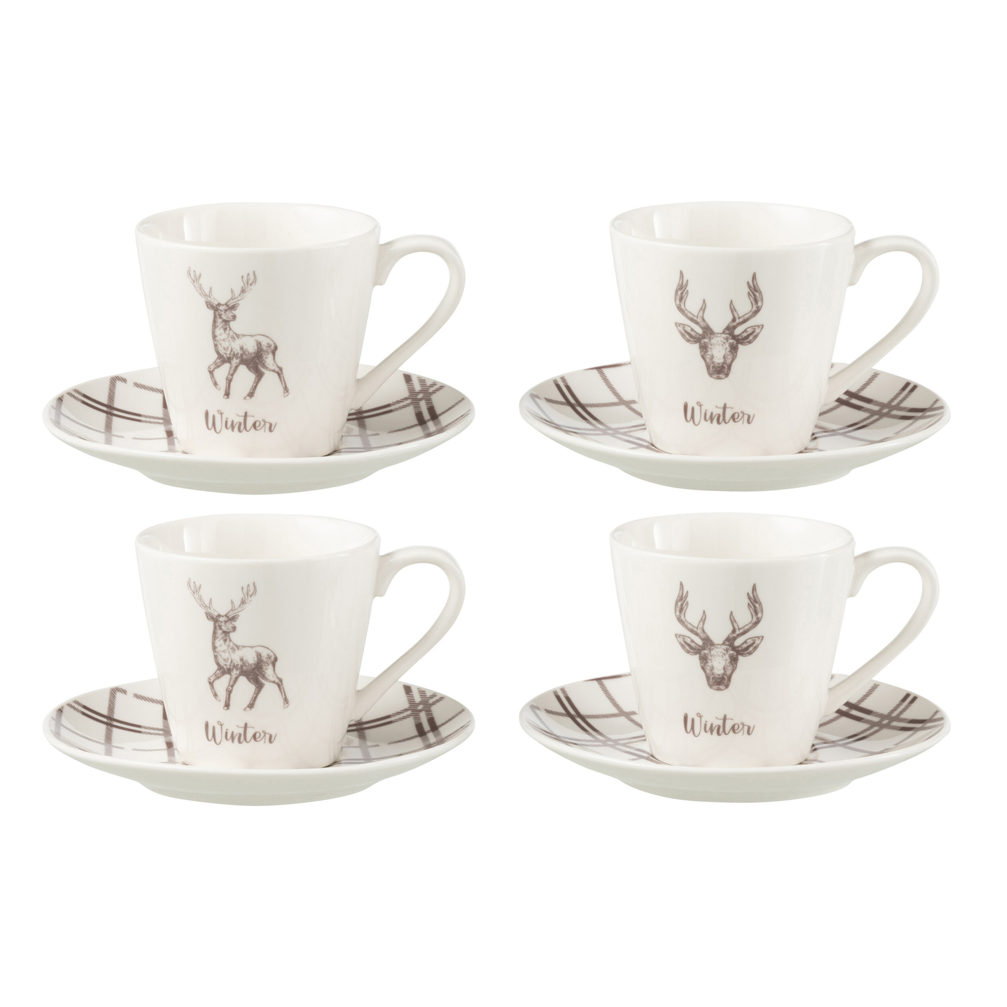 J-Line tasse de thé + sous-tasse Renne - céramique blanc/marron - large - boîte de 4