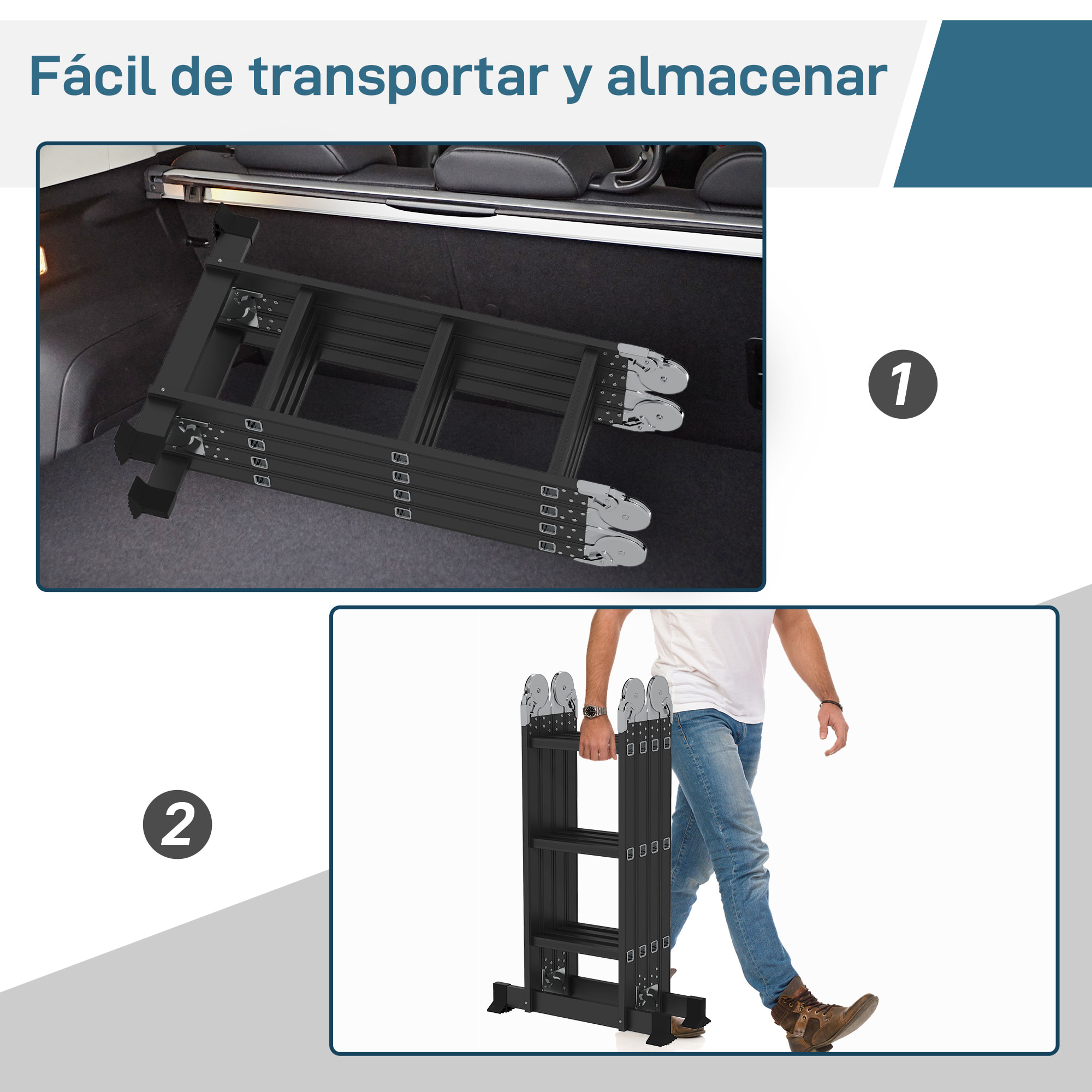 Escalera Multiusos Plegable Escalón Caballete 5 en 1 Portátil con 2 Placas de Plataforma Pie Antideslizante 6 Interruptores Bisagra Aluminio 150 kg 370x61x11 cm Negro