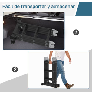 Escalera Multiusos Plegable Escalón Caballete 5 en 1 Portátil con 2 Placas de Plataforma Pie Antideslizante 6 Interruptores Bisagra Aluminio 150 kg 370x61x11 cm Negro