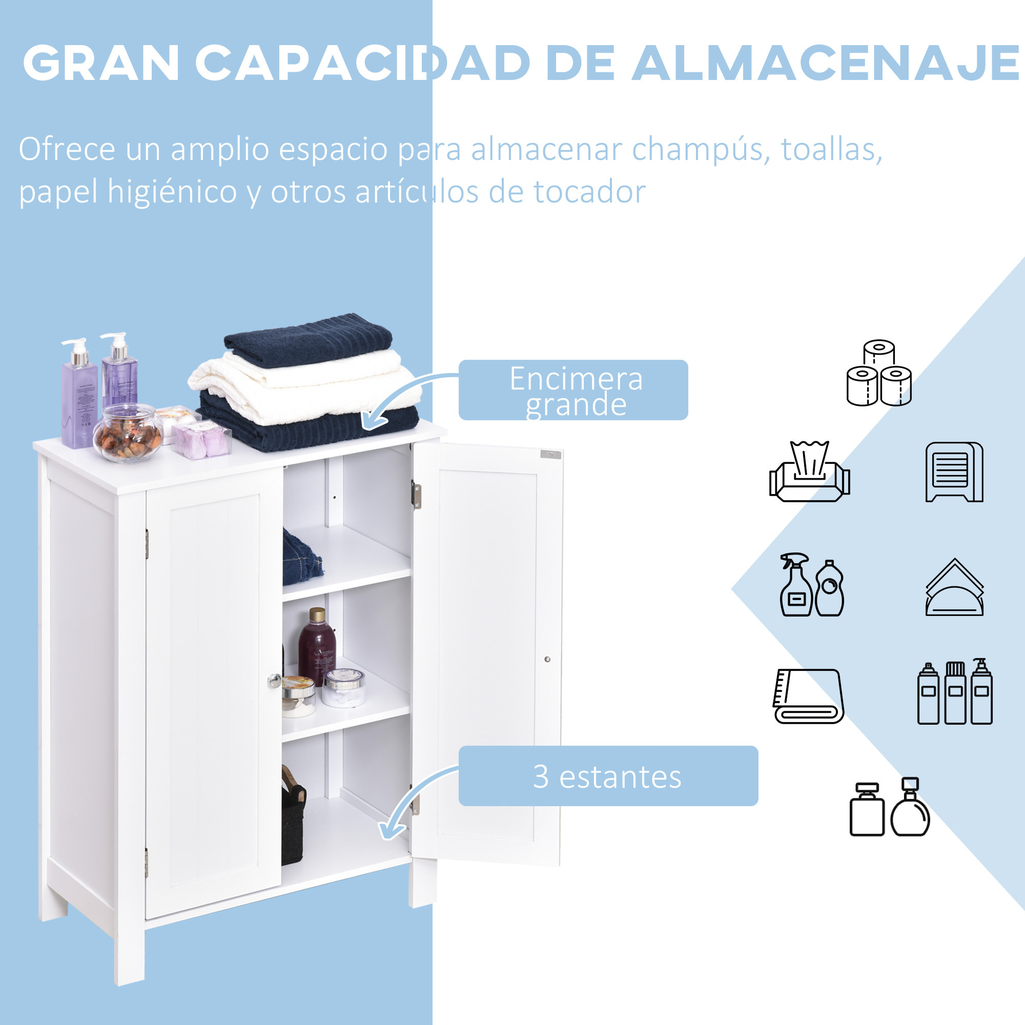 Armario de Baño con 2 Puertas y 2 Estantes Ajustables Interiores Mueble Auxiliar de Almacenaje para Salón Cocina Antivuelco 60x30x80 cm Blanco