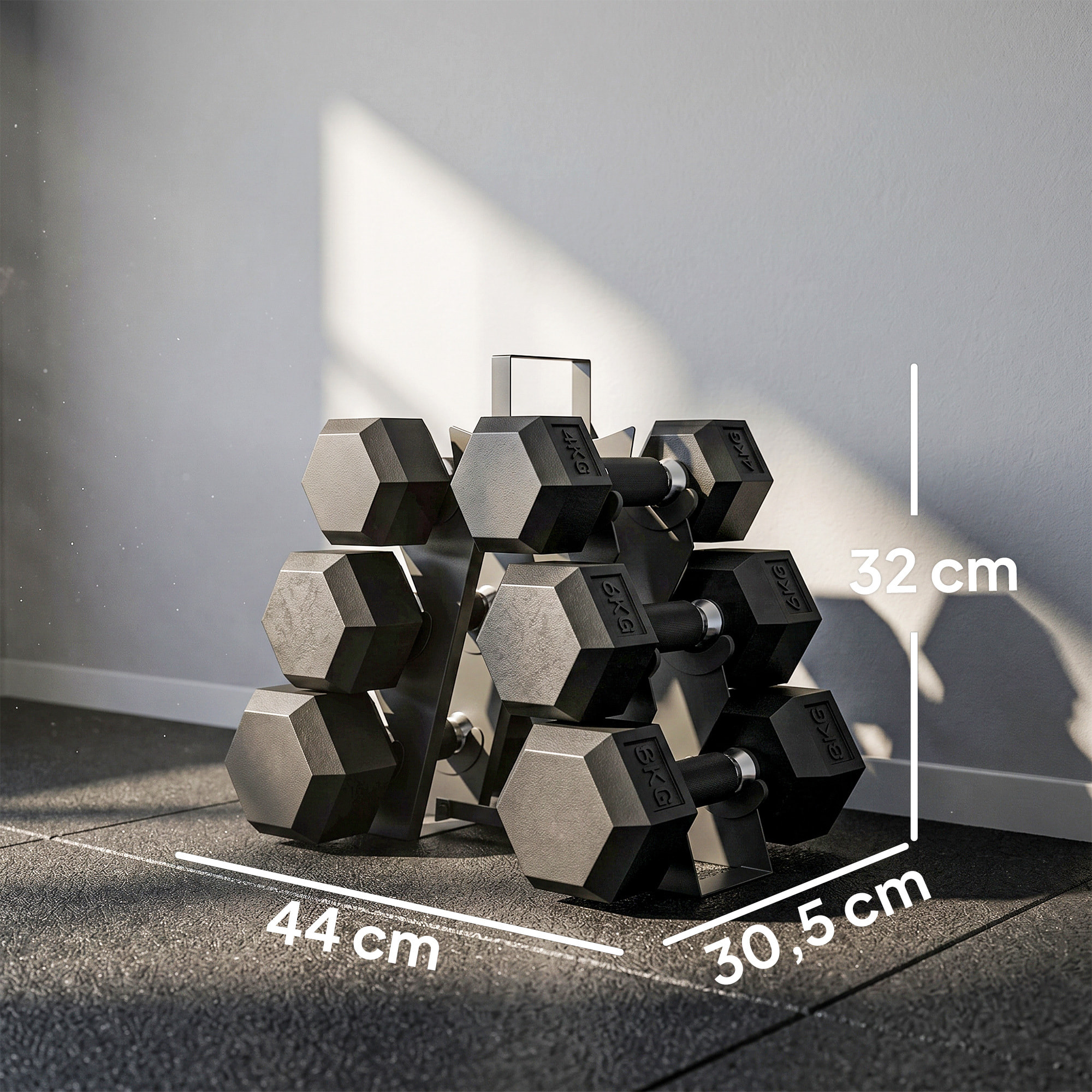 Juego de Mancuernas de 6 Piezas 36 kg, Mancuernas Hexagonales 2x4kg, 2x6kg, 2x8kg, con Soporte Almacenamiento, Recubrimiento de Goma y Mango Antideslizante para Entrenamiento en Casa Gimnasio