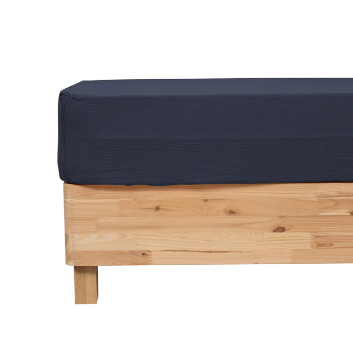 Drap housse "Flora" gaze de coton bleu 160x200cm