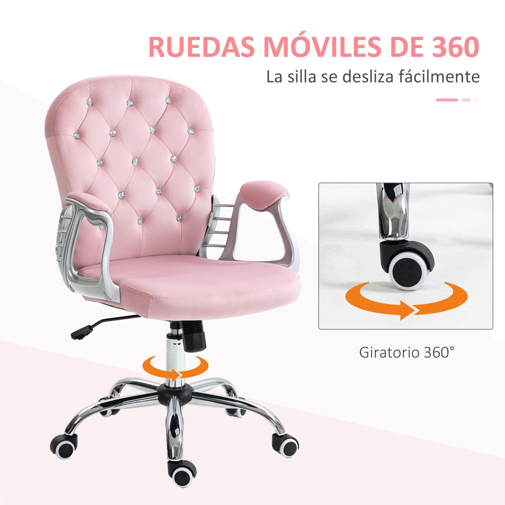 Silla de Escritorio Tapizada en Terciopelo Silla Giratoria con Altura Ajustable Reposabrazos y Decoraciones de Diamantes Carga 120 kg Silla para Estudio Dormitorio 59,5x60,5x93-103 cm Rosa