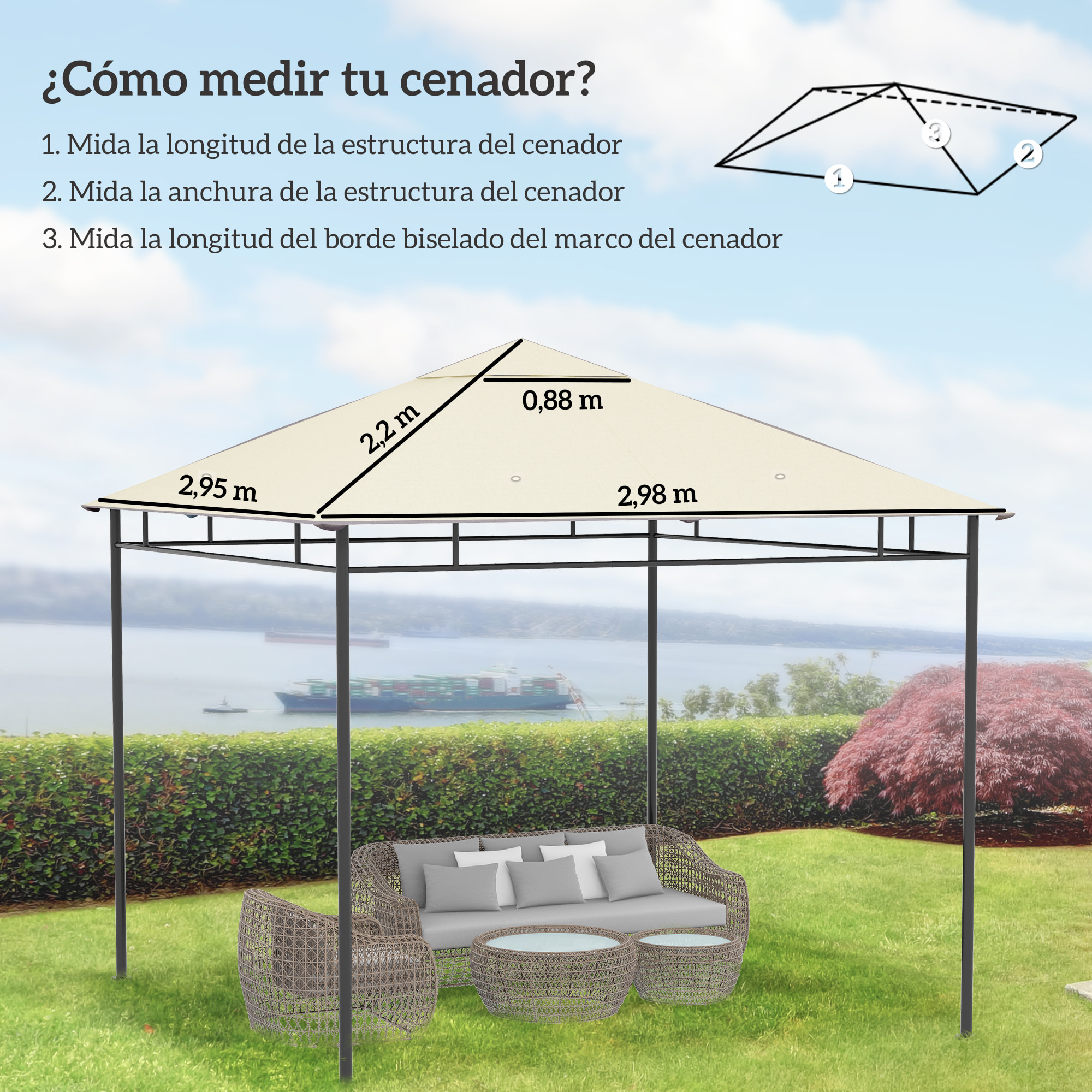 Techo de Repuesto para Cenador, 3x3 m, Cubierta de Repuesto con 8 Orificios de Drenaje, Ventilación y Protección UV, SOLO Toldo de Recambio para Pabellón Gazebo, Blanco Crema