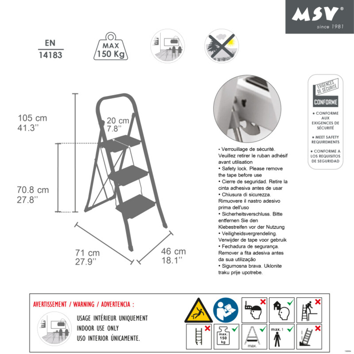Escabeau 3 Marches pliant & antidérapant Acier Max 150kg (46x71x105cm) MSV