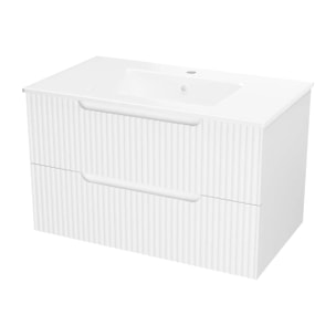 Meuble de Salle de Bains LEON 80cm Blanc Neige - 2 Tiroirs en MDF Ondulés - Vasque à encastrer