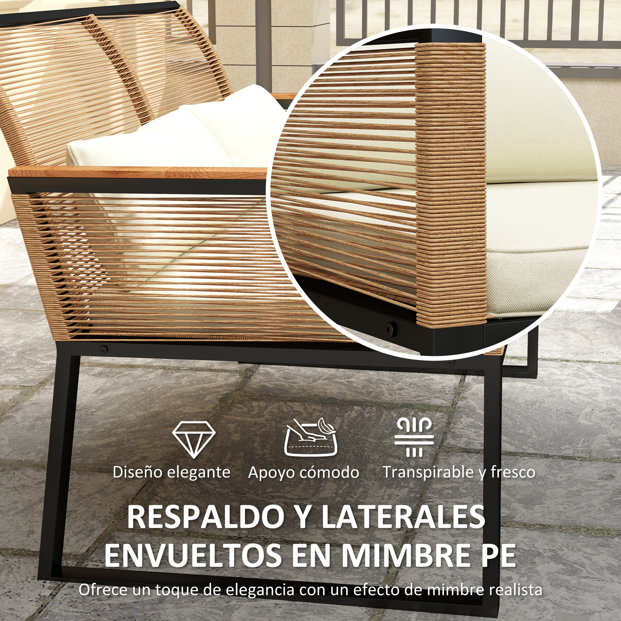 Conjunto de Jardín Exterior 4 Piezas de Ratán Sintético Muebles Jardín Exterior con 2 Sillones 1 Sofá de 2 Plazas y Mesa de Centro con Tablero de Vidrio Templado Natural y Crema