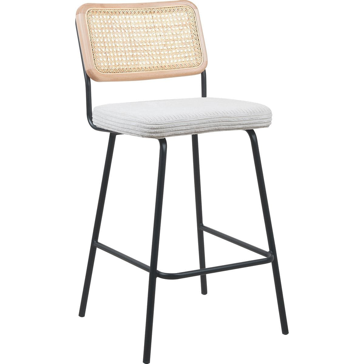 Lot de 2 chaises de bar en cannage et velours côtelé, piètement noir - MUSE