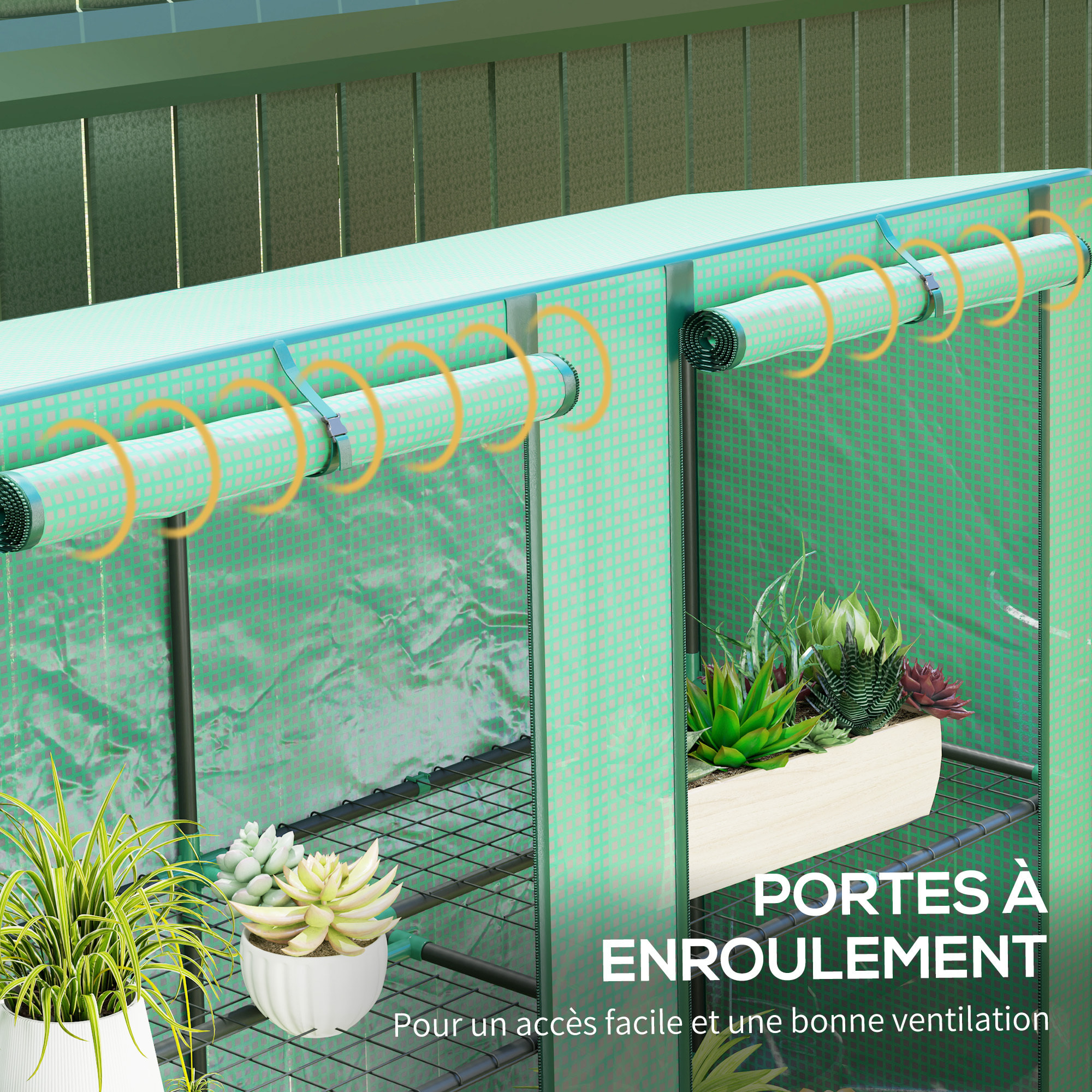 Serre de jardin balcon avec étagères métalliques 3 niveaux 2 portes acier noir PE vert