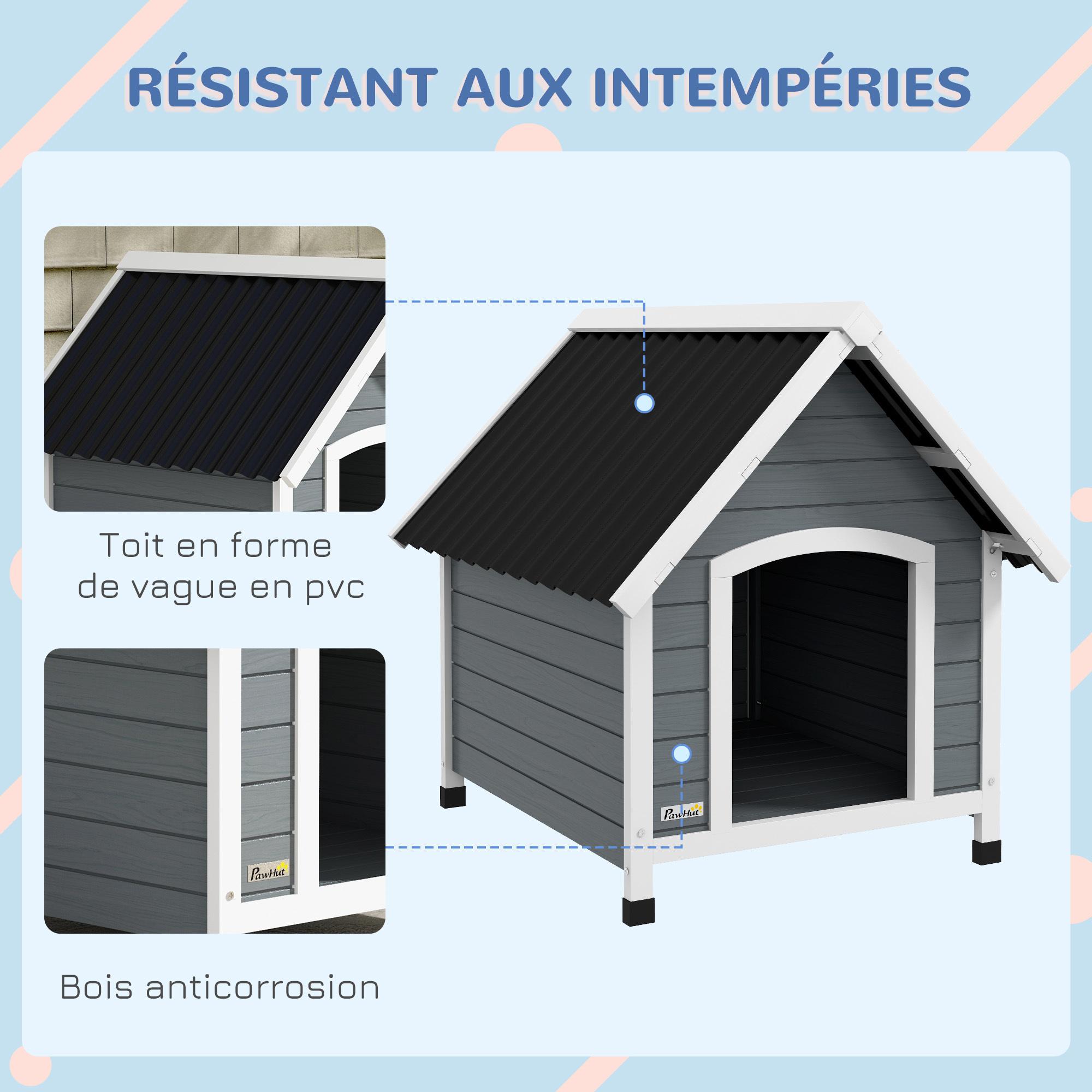 Niche pour chien design chalet sur pied - toit double pente, plancher amovible - plastique noir bois blanc gris