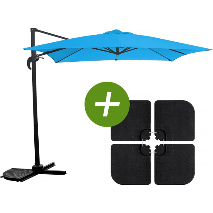 Parasol jardin déporté "Soleil" - Carré - 2.5 x 2.5 m - Bleu + Dalles à lester incluses