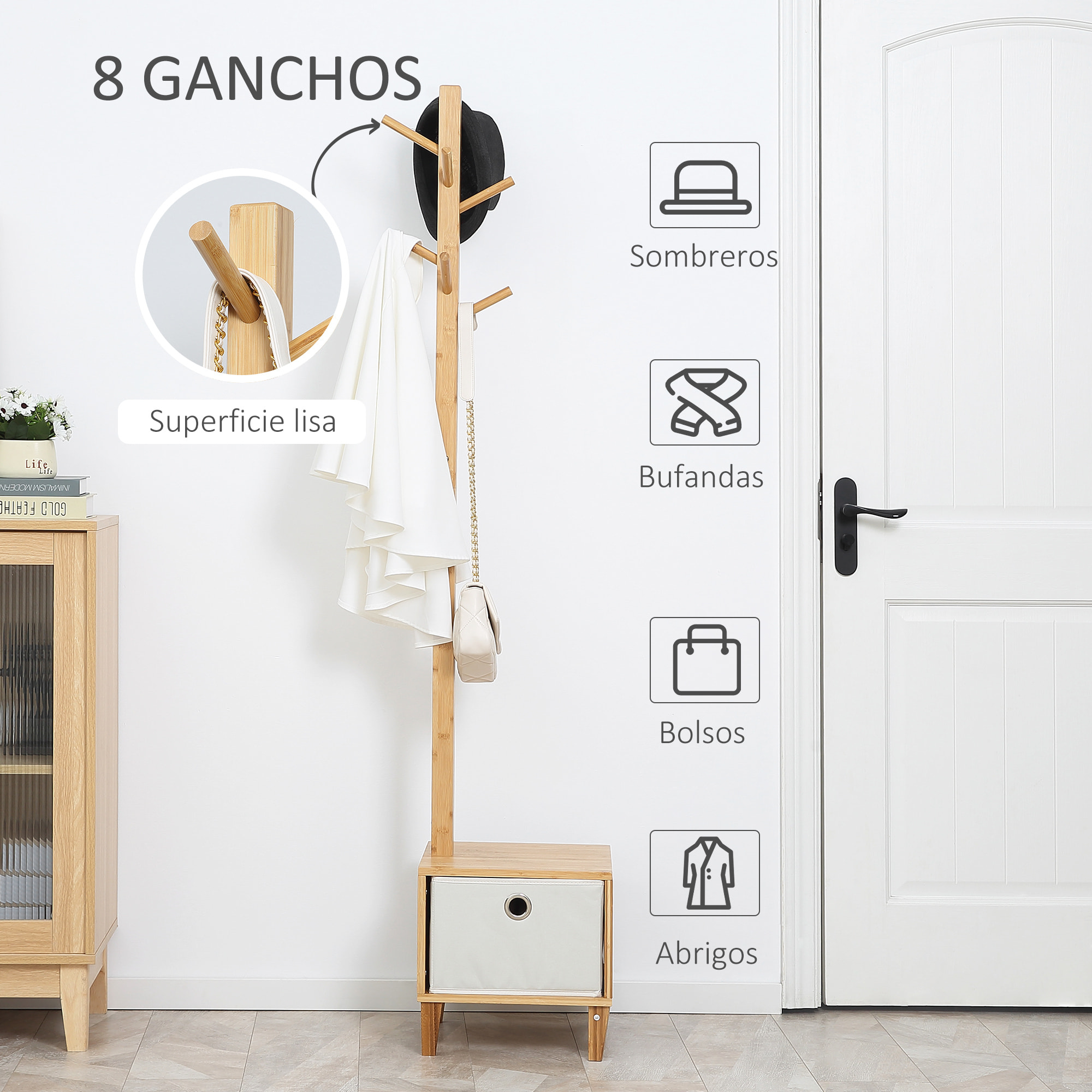 Perchero de Pie de Bambú Tipo árbol con Banco Cajón de Tela y 8 Ganchos para Colgar Ropa Bolsas Bombreros para Entrada Salón Pasillo 35x35x177 cm Natural