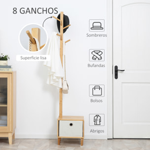 Perchero de Pie de Bambú Tipo árbol con Banco Cajón de Tela y 8 Ganchos para Colgar Ropa Bolsas Bombreros para Entrada Salón Pasillo 35x35x177 cm Natural
