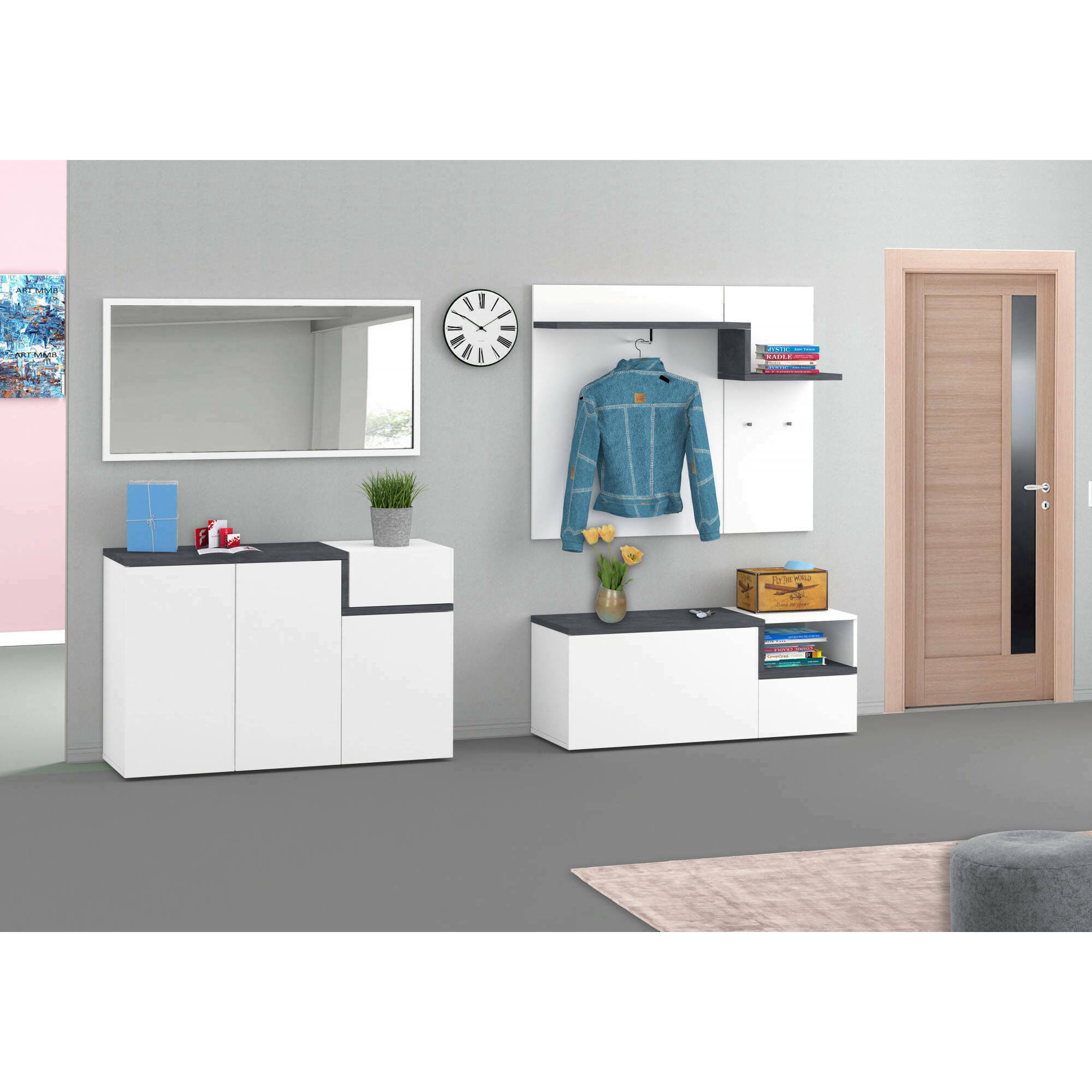 Mobile da ingresso, Made in Italy, Entratina con appendiabiti, Scarpiera, Porta TV, cm 120x40h54, colore Bianco lucido e Grigio Ardesia