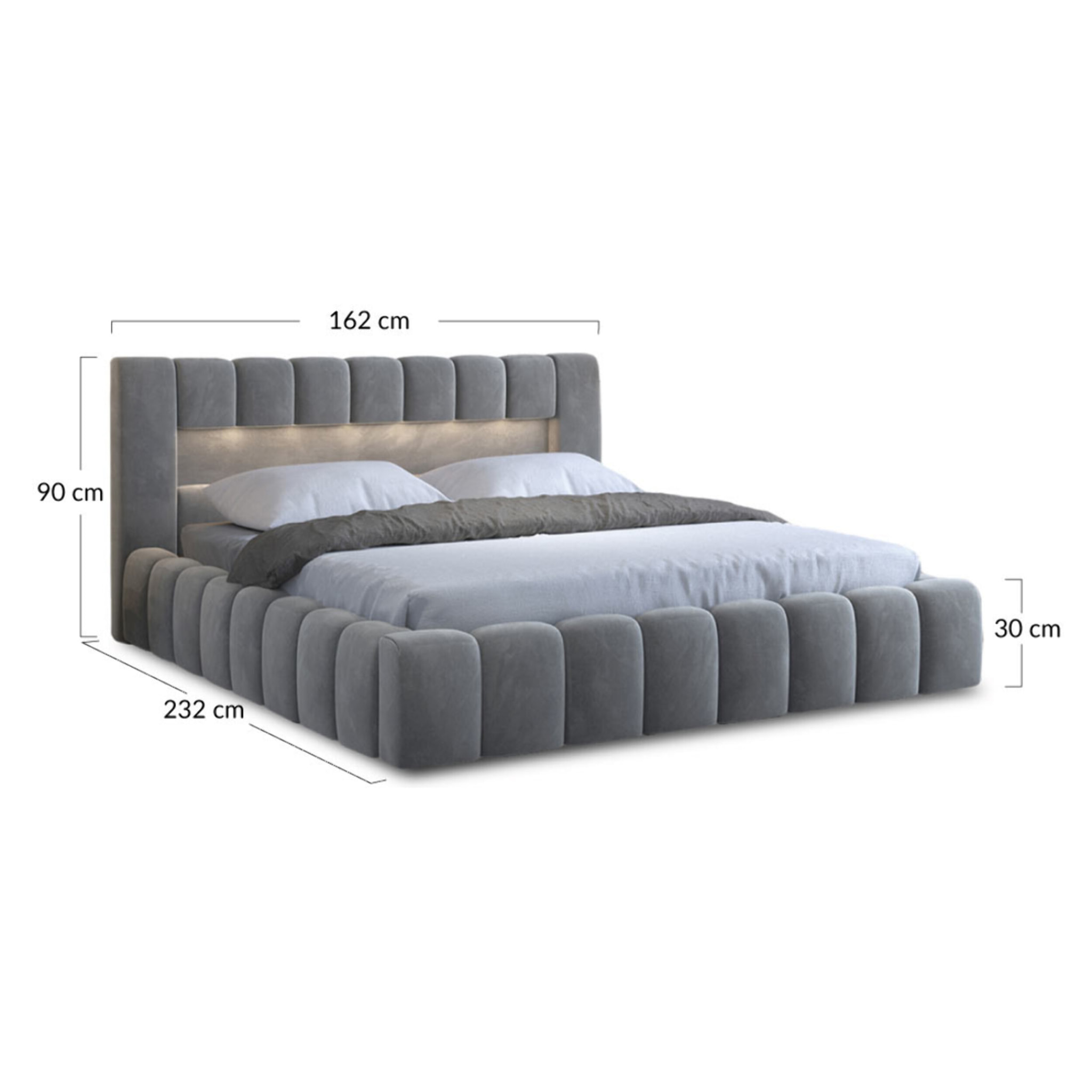 Cleo - lit coffre avec led - 140x200 cm - sommier inclus - en velours - Bleu canard