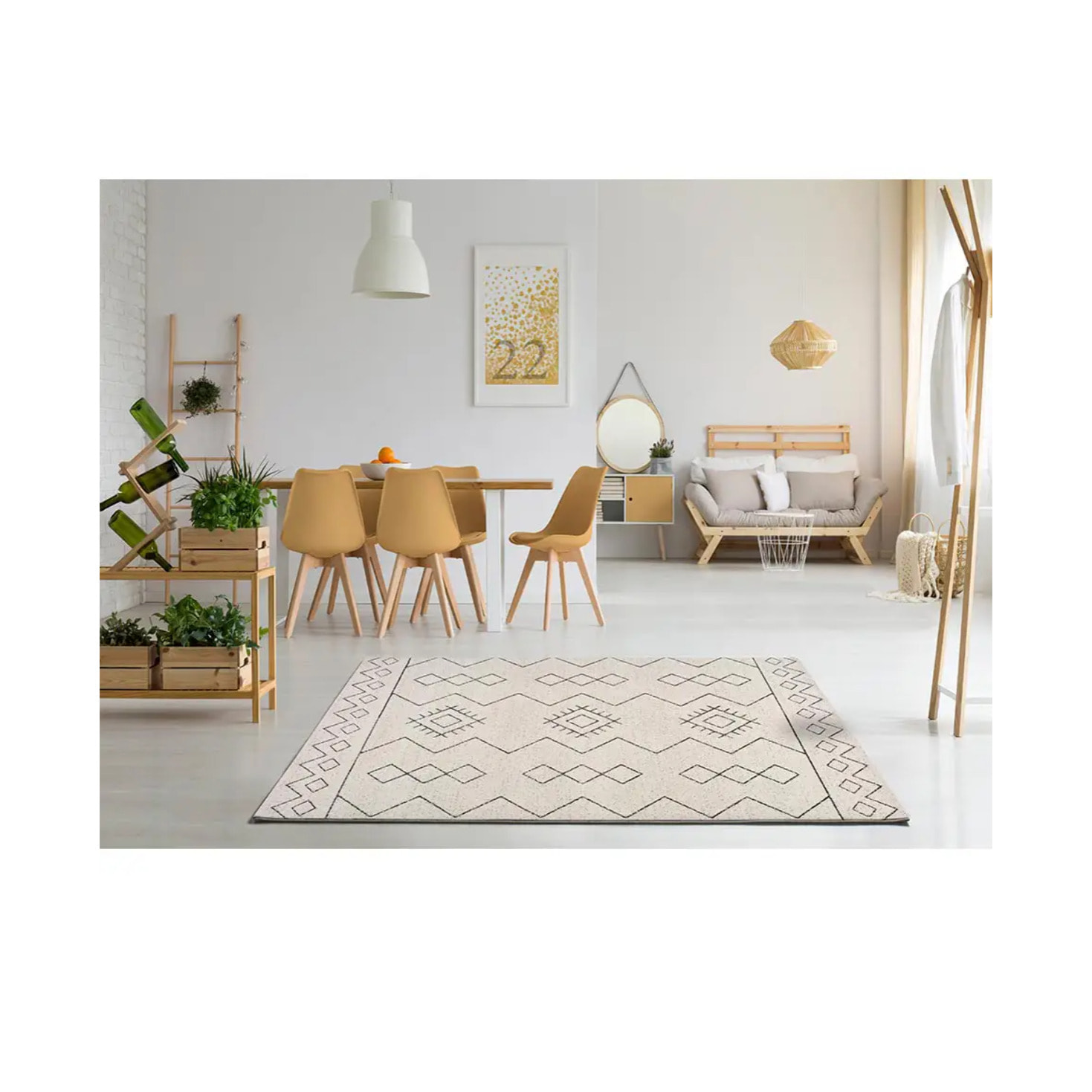 MALIKA Alfombra étnica de pelo corto blanco, varias medidas disponibles.