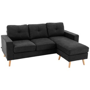 Canapé d'angle 3 places design scandinave - dossier effet capitonné, repose-pied amovible - piètement bois tissu noir