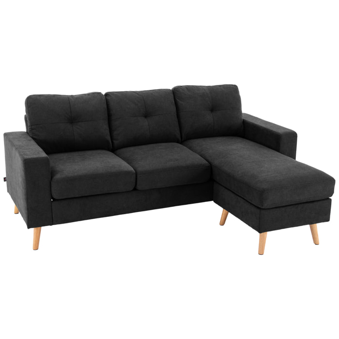 Canapé d'angle 3 places design scandinave - dossier effet capitonné, repose-pied amovible - piètement bois tissu noir
