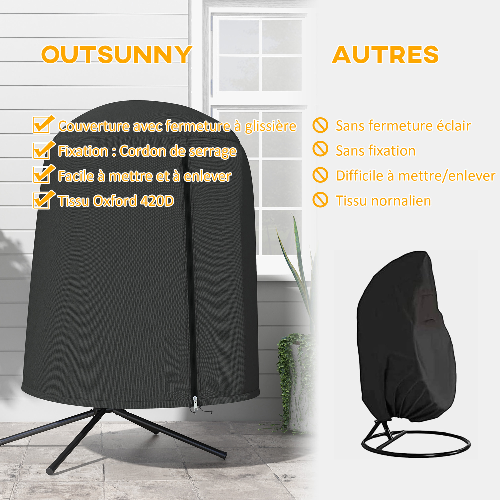 Housse de protection fauteuil suspendu de jardin - imperméable, zip - Ø 128 x 190H cm - noir