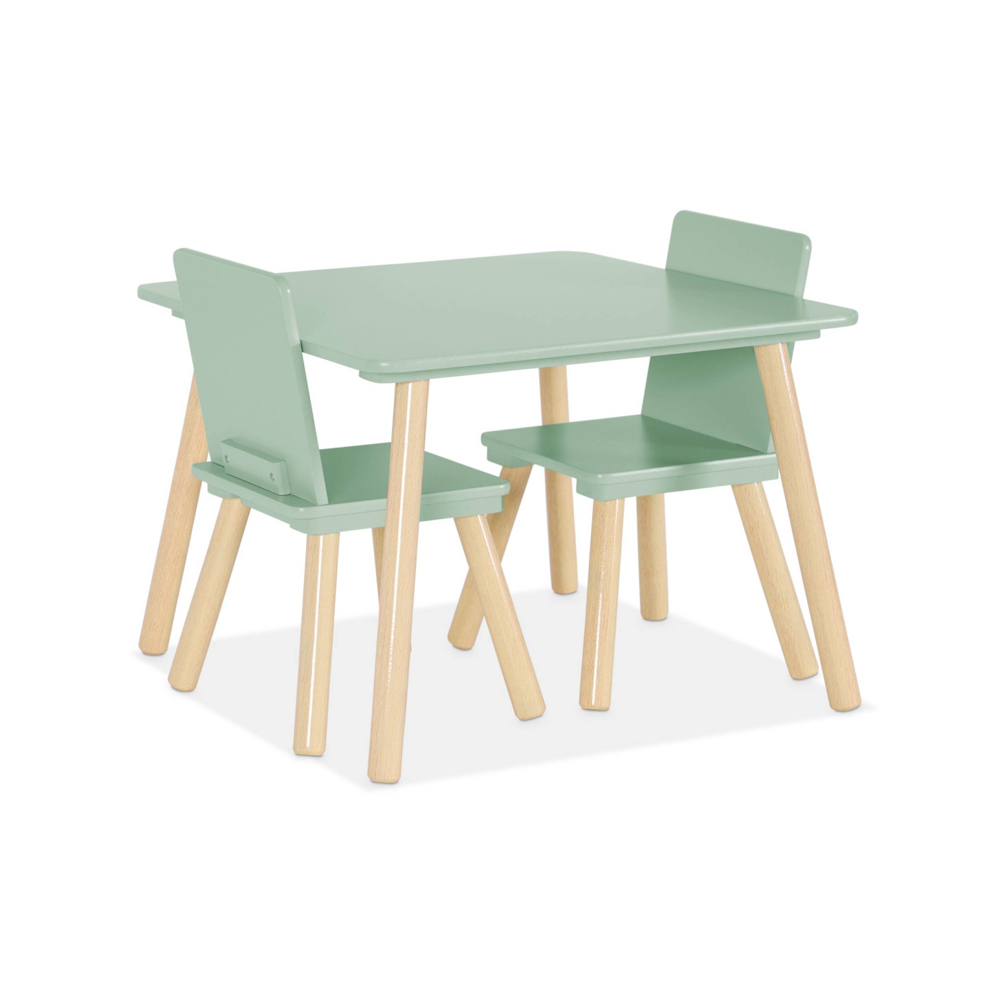 Table carrée enfant avec 2 chaises. pieds en pin. vert