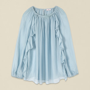 Oltre - Blusa in voile misto seta con volant - Azzurro