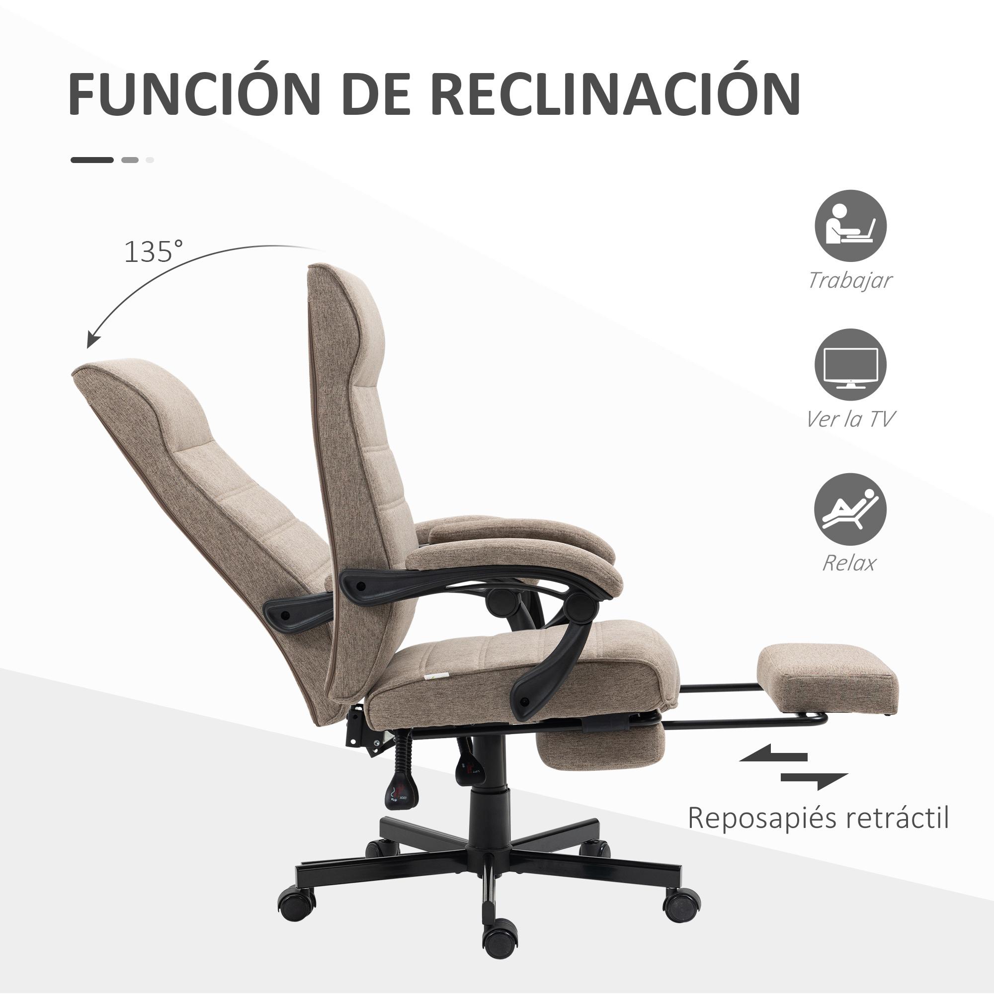 Silla de Oficina Giratorio Silla de Escritorio Reclinable de Tela con Altura Ajustable Reposabrazos y Reposapiés Retráctil para Salón Oficina Estudio Carga 120 kg 68x67x106-114 cm Marrón