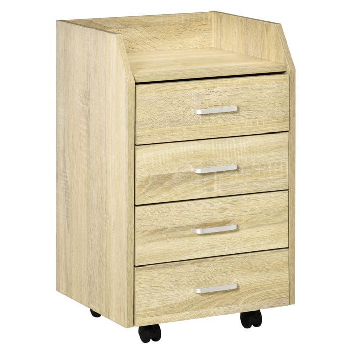 Cajonera de Oficina Mueble Auxiliar para Archivos con 4 Cajones Encimera Superior de Almacenaje 4 Ruedas y 2 Frenos para Estudio Despacho 40x36x65 cm Natural