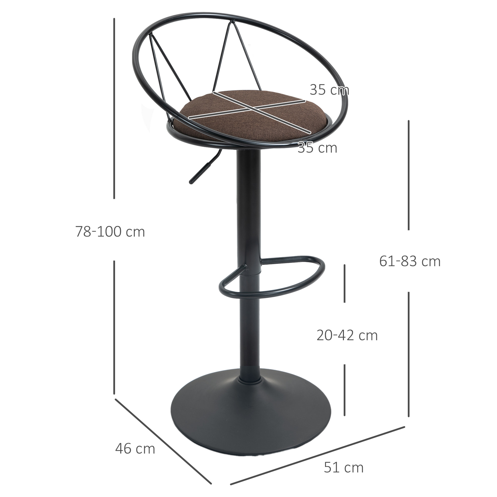 Lot de 2 tabourets de bar design néo-rétro réglable pivotant avec repose-pied métal noir lin marron