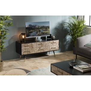 DORRIE - Meuble TV noir 6 tiroirs scandi bois Sapin marqueté pieds métal doré