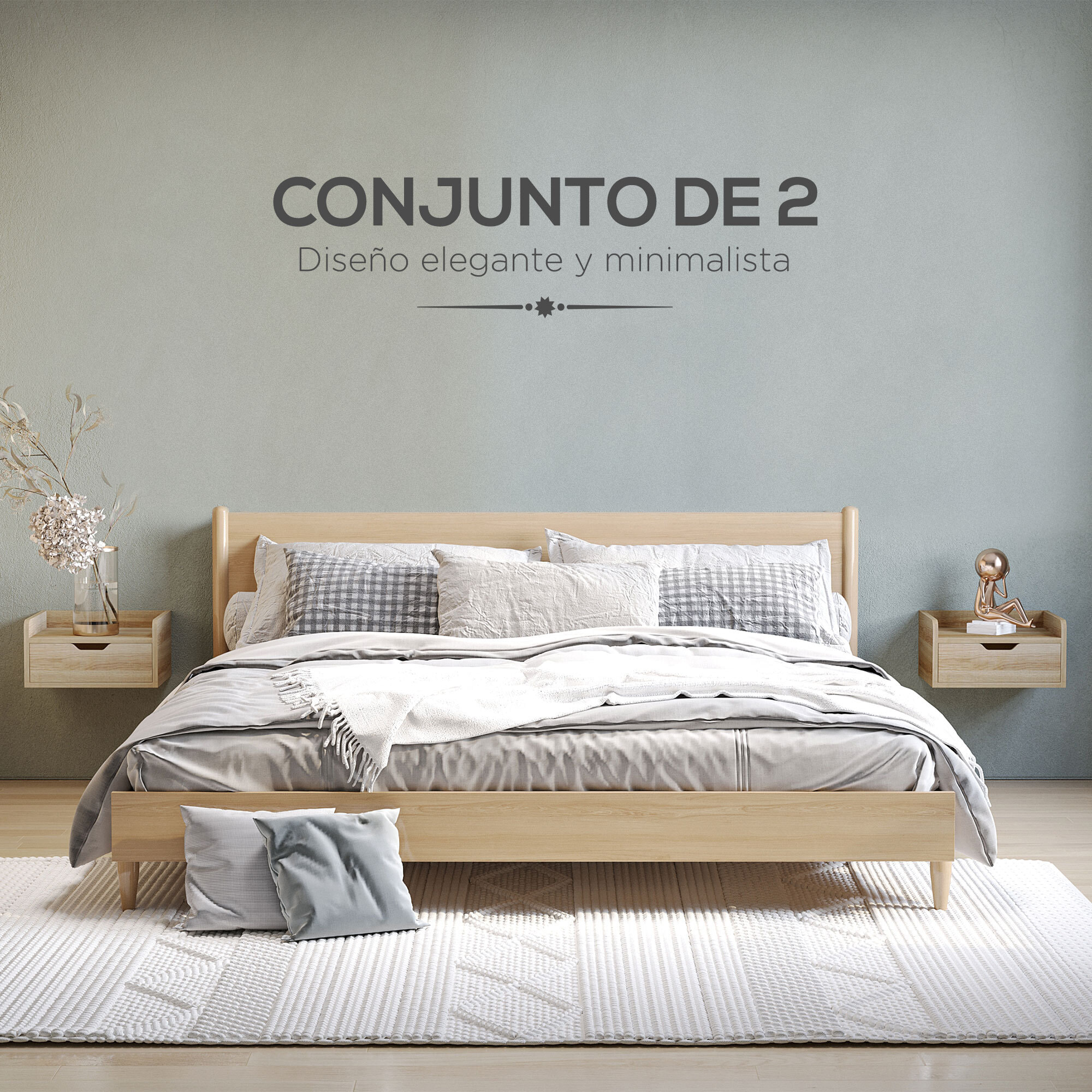 Set de 2 Mesitas de Noche Flotantes Mesillas de Noche de Pared con Cajón para Dormitorio Habitación Hogar Diseño Sencillo 40x30x19,5 cm Madera Natural
