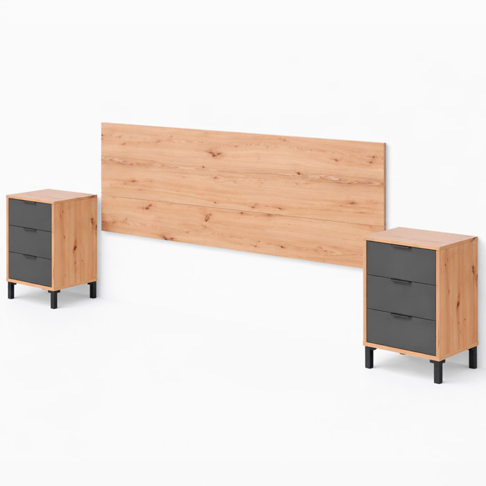Set Testiera Letto Matrimoniale Con 2 Comodini Design Moderno Per Letti 135 E 150 cm Con Cassetti Camera Letto 60x160x2,5 Cm Rovere e Grigio Antracite