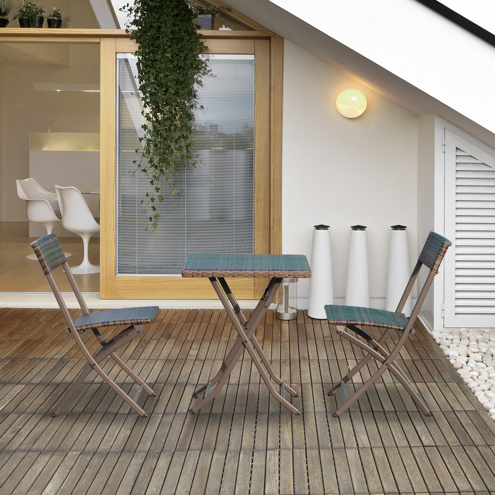 Ensemble meubles de jardin design table carré et chaises pliables résine tressée imitation rotin marron