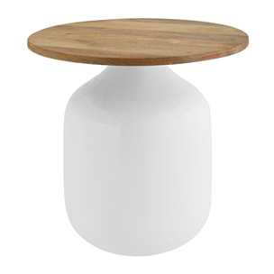 Table d'appoint ronde design blanche et bois manguier massif H49 cm VERONA