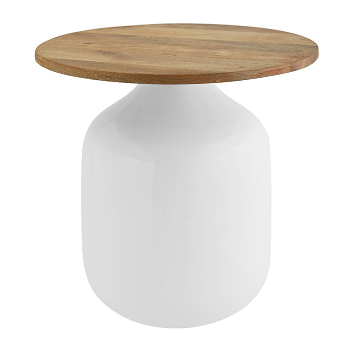 Table d'appoint ronde design blanche et bois manguier massif H49 cm VERONA