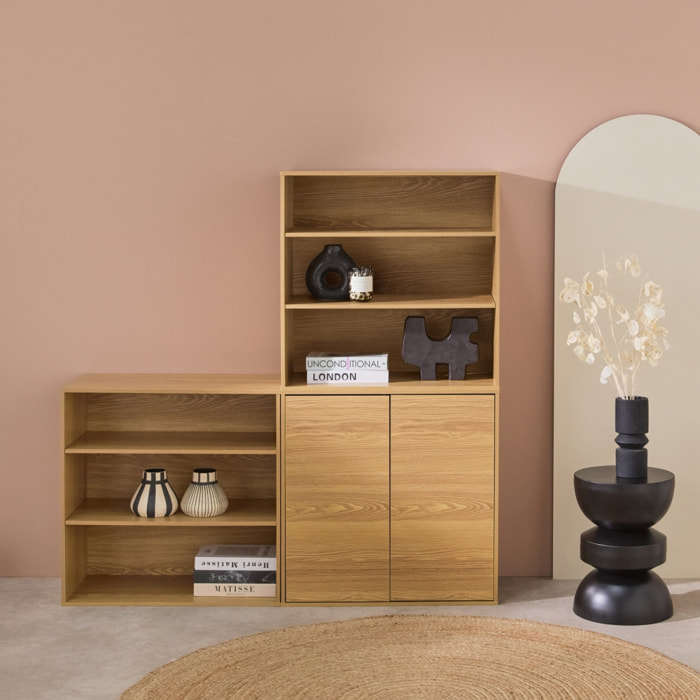 Etagère, bibliothèque modulable décor bois 3 éléments - 2 portes 5 étagères KOMPO