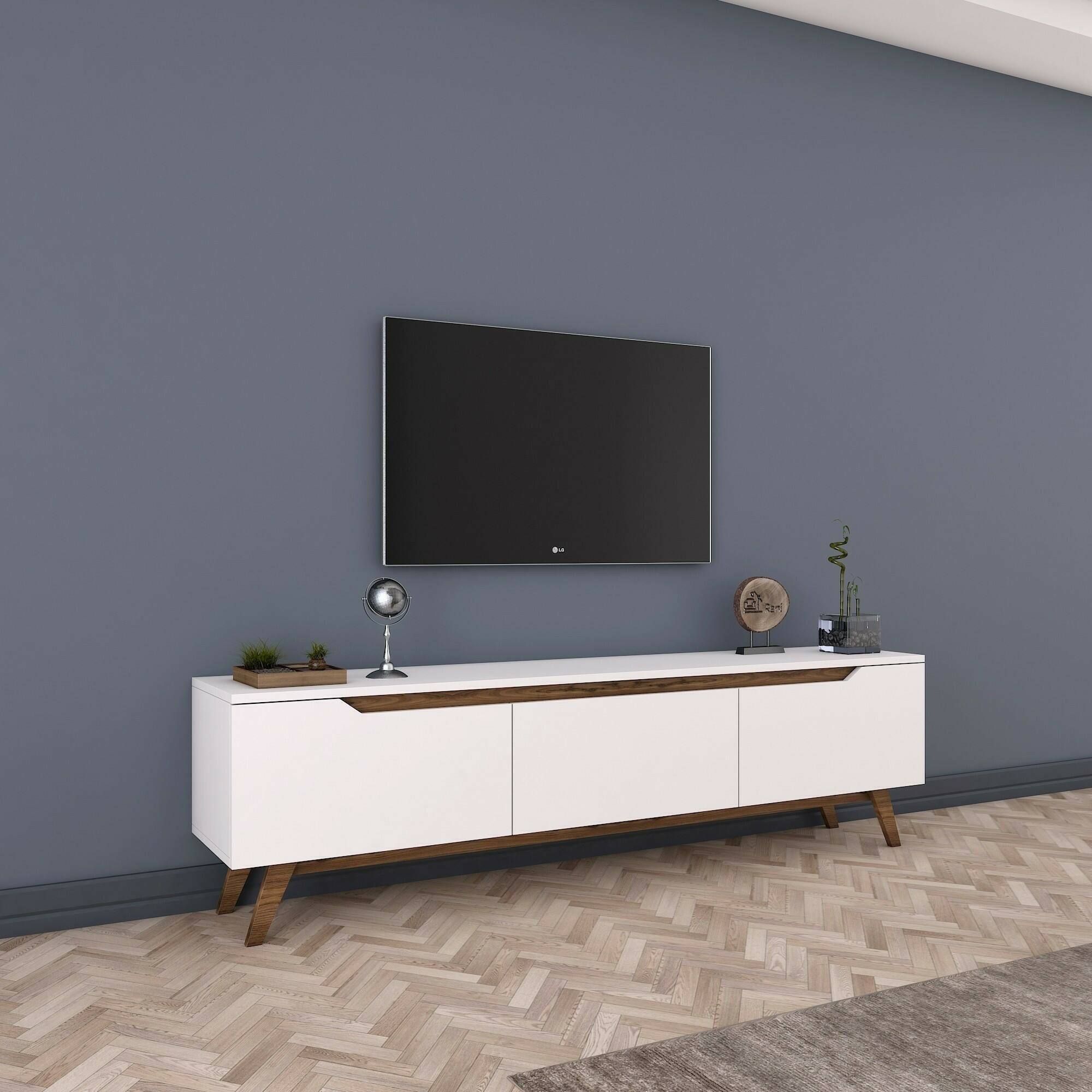 Mobile porta TV Apatite, Credenza da soggiorno, Armadio basso per TV, Base parete attrezzata, 180x35h49 cm, Bianco e Noce