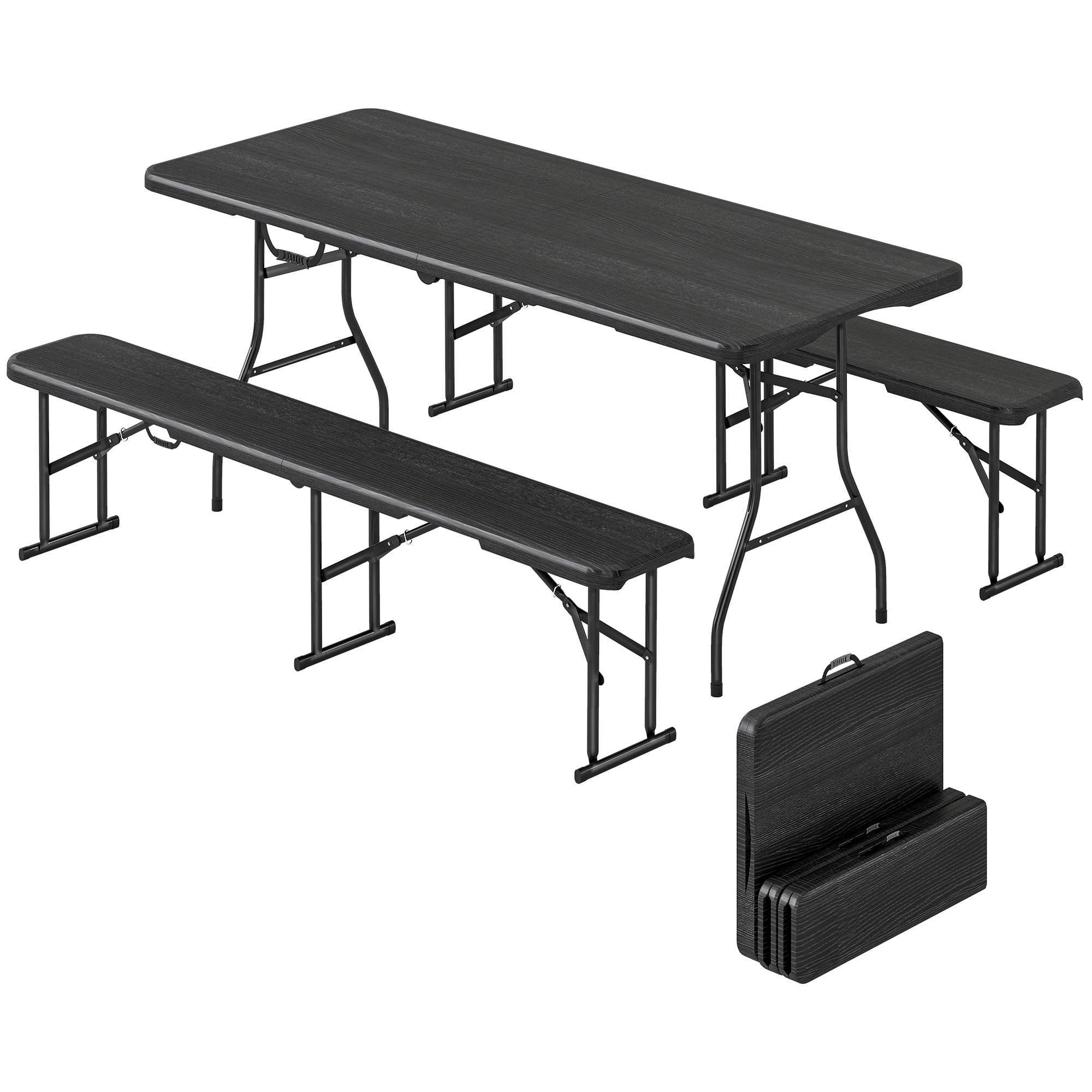 Ensemble table 2 bancs pliables avec poignées - usage pique-nique camping - métal époxy HDPE noir