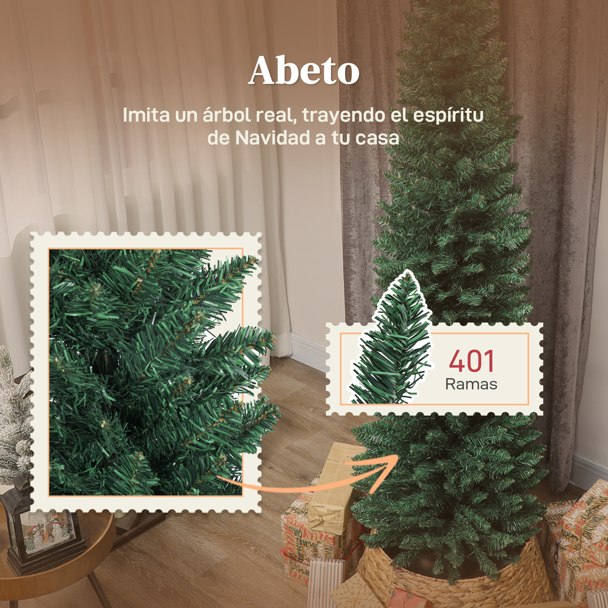 Árbol de Navidad Estrecho 210 cm, Árbol de Navidad Artificial con 401 Ramas, Soporte Metálico, Fácil de Montar, Decoración para Interior, Hogar, Oficina, Verde