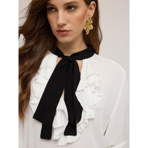 Motivi - Blusa con volantes y fajín - Blanco